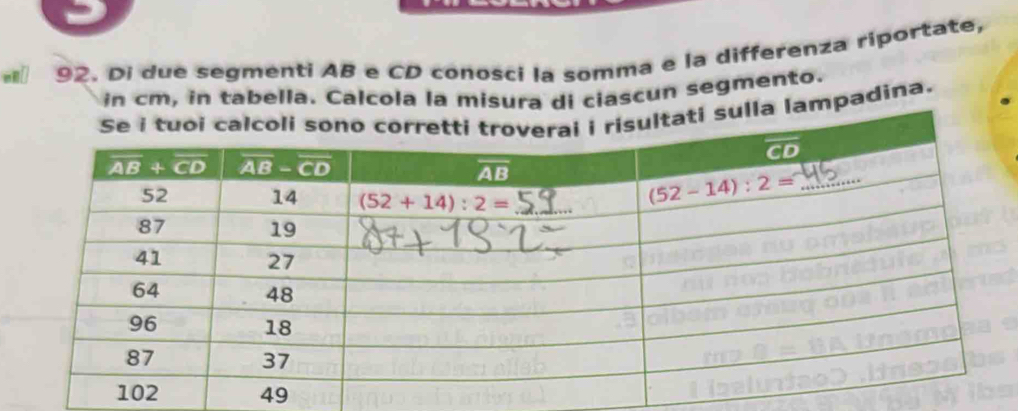 Di due segmenti AB e CD conoscí la somma e la differenza riportate,
in cm, in tabella. Calcola la misura di ciascun segmento.
la lampadina.