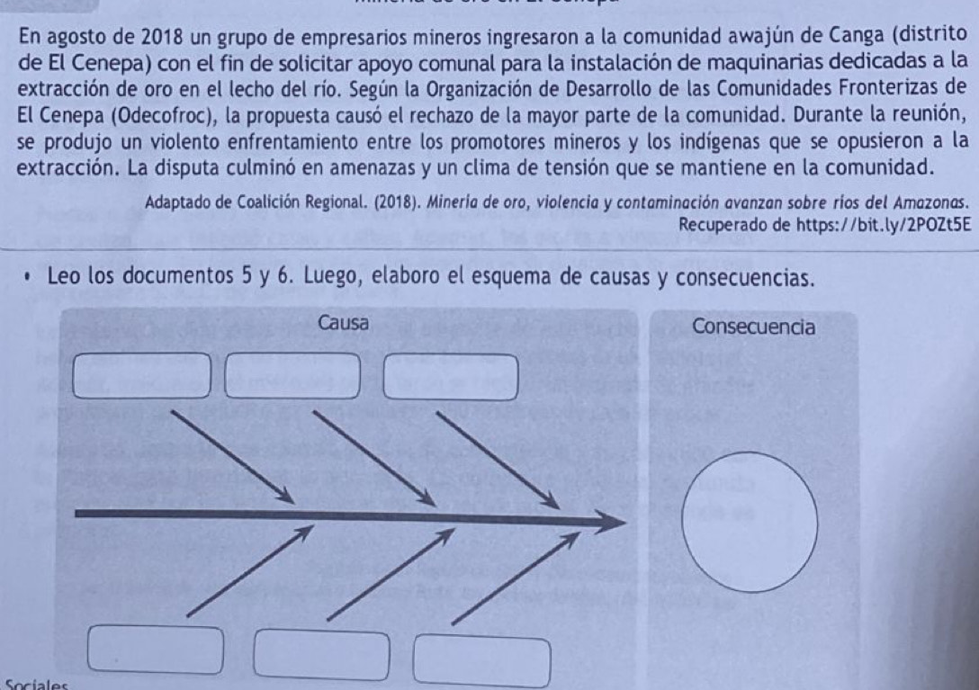 En agosto de 2018 un grupo de empresarios mineros ingresaron a la comunidad awajún de Canga (distrito 
de El Cenepa) con el fin de solicitar apoyo comunal para la instalación de maquinarias dedicadas a la 
extracción de oro en el lecho del río. Según la Organización de Desarrollo de las Comunidades Fronterizas de 
El Cenepa (Odecofroc), la propuesta causó el rechazo de la mayor parte de la comunidad. Durante la reunión, 
se produjo un violento enfrentamiento entre los promotores mineros y los indígenas que se opusieron a la 
extracción. La disputa culminó en amenazas y un clima de tensión que se mantiene en la comunidad. 
Adaptado de Coalición Regional. (2018). Mineria de oro, violencia y contaminación avanzan sobre ríos del Amazonas. 
Recuperado de https://bit.ly/2POZt5E 
Leo los documentos 5 y 6. Luego, elaboro el esquema de causas y consecuencias. 
Causa Consecuencia 
Sociales