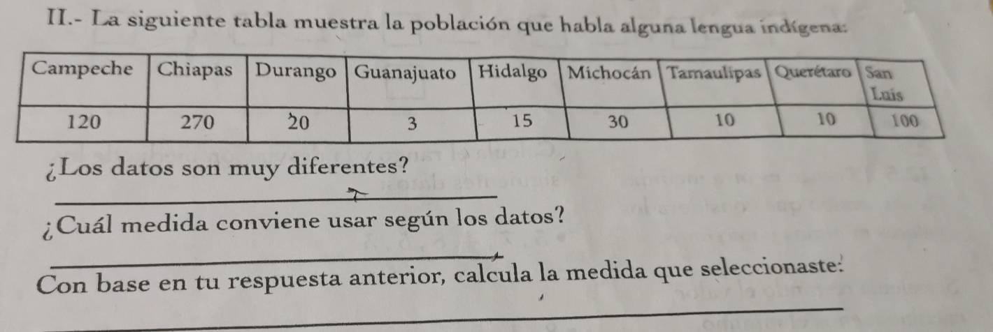 II.- La siguiente tabla muestra la población que habla alguna lengua indígena: 
¿Los datos son muy diferentes? 
_ 
¿Cuál medida conviene usar según los datos? 
_ 
_ 
Con base en tu respuesta anterior, calcula la medida que seleccionaste: