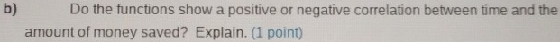 Do the functions show a positive or negative correlation between time and the 
amount of money saved? Explain. (1 point)