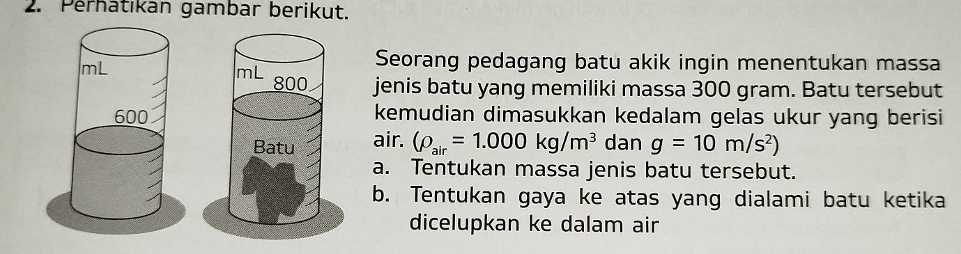 Perhatıkan gambar berikut. 
Seorang pedagang batu akik ingin menentukan massa 
jenis batu yang memiliki massa 300 gram. Batu tersebut 
kemudian dimasukkan kedalam gelas ukur yang berisi 
air. (rho _air=1.000kg/m^3
dan g=10m/s^2)
a. Tentukan massa jenis batu tersebut. 
b. Tentukan gaya ke atas yang dialami batu ketika 
dicelupkan ke dalam air