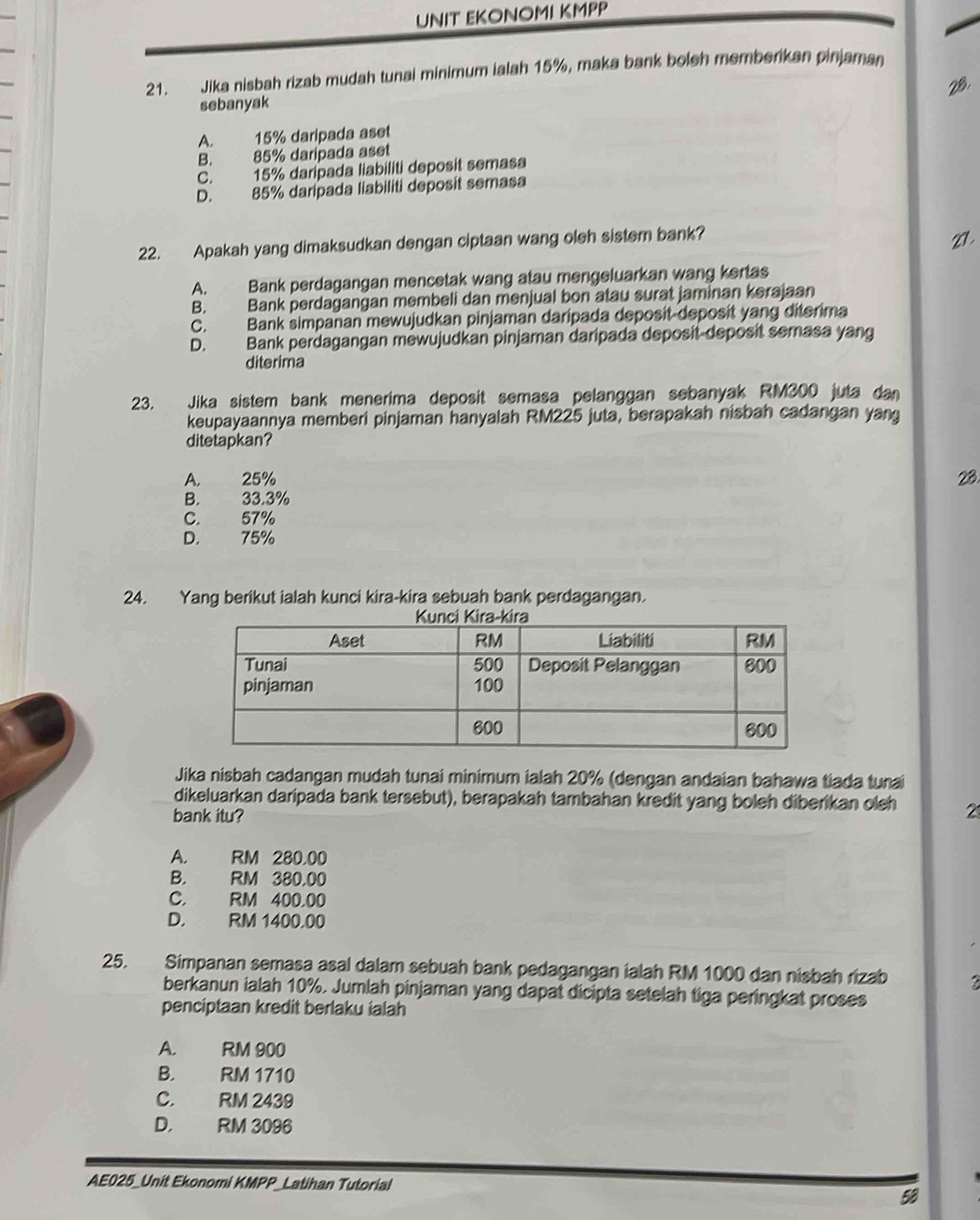 UNIT EKONOMI KMPP
21. Jika nisbah rizab mudah tunai minimum ialah 15%, maka bank boleh memberikan pinjaman
28.
sebanyak
A. 15% daripada aset
B. 85% daripada aset
C. 15% daripada liabiliti deposit semasa
D. 85% daripada liabiliti deposit semasa
22. Apakah yang dimaksudkan dengan ciptaan wang oleh sistem bank?
A. Bank perdagangan mencetak wang atau mengeluarkan wang kertas
B. Bank perdagangan membeli dan menjual bon atau surat jaminan kerajaan
C. Bank simpanan mewujudkan pinjaman daripada deposit deposit yang diterima
D. Bank perdagangan mewujudkan pinjaman daripada deposit-deposit semasa yang
diterima
23. Jika sistem bank menerima deposit semasa pelanggan sebanyak RM300 juta dan
keupayaannya memberi pinjaman hanyalah RM225 juta, berapakah nisbah cadangan yang
ditetapkan?
A. 25% 23
B. 33.3%
C. 57%
D. 75%
24. Yang berikut ialah kunci kira-kira sebuah bank perdagangan.
Jika nisbah cadangan mudah tunai minimum ialah 20% (dengan andaian bahawa tiada tunai
dikeluarkan daripada bank tersebut), berapakah tambahan kredit yang boleh diberikan oleh 2
bank itu?
A. RM 280,00
B. RM 380,00
C， RM 400.00
D. RM 1400,00
25. Simpanan semasa asal dalam sebuah bank pedagangan ialah RM 1000 dan nisbah rizab
berkanun ialah 10%. Jumlah pinjaman yang dapat dicipta setelah tiga peringkat proses
penciptaan kredit berlaku ialah
A. RM 900
B. RM 1710
C. RM 2439
D, RM 3096
AE025_Unit Ekonomi KMPP_Latihan Tutorial
58