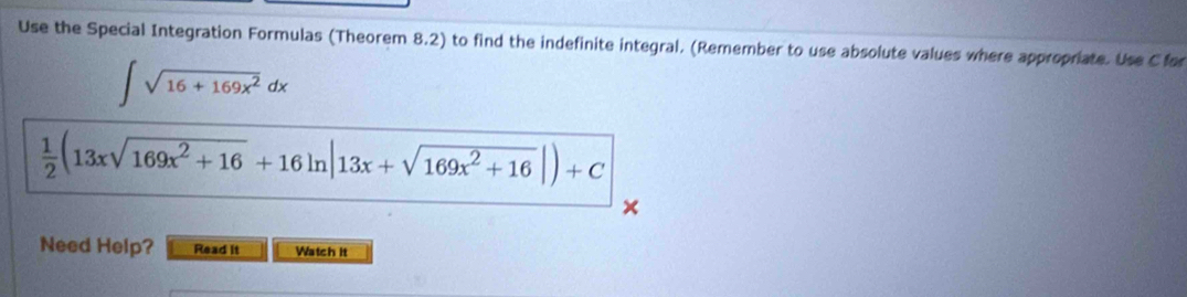 Solved: Use the Special Integration Formulas (Theorem 8.2) to find the ...