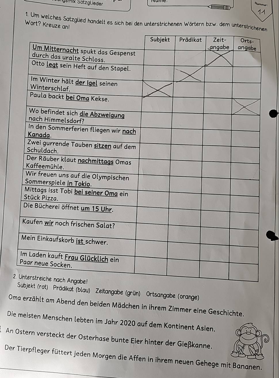 Nysmix Sätzglieder 
Nummer: 
11 
1. Um welches Satzglied handelt es sich bei den unterstrichenen Wörtern bzw. dem unterstn 
Wort? Kreuze an! 
2 
ädikat (blau) Zeitangabe (grün) Ortsangabe (orange) 
Oma erzählt am Abend den beiden Mädchen in ihrem Zimmer eine Geschichte. 
Die meisten Menschen lebten im Jahr 2020 auf dem Kontinent Asien. 
An Ostern versteckt der Osterhase bunte Eier hinter der Gießkanne. 
Der Tierpfleger füttert jeden Morgen die Affen in ihrem neuen Gehege mit Bananen.