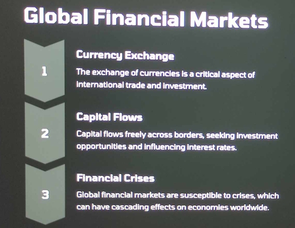 Global Financial Markets 
Currency Exchange 
1 The exchange of currencies is a critical aspect of 
international trade and investment. 
Capital Flows 
2 Capital flows freely across borders, seeking investment 
opportunities and influencing interest rates. 
Financial Crises 
3 Global financial markets are susceptible to crises, which 
can have cascading effects on economies worldwide.