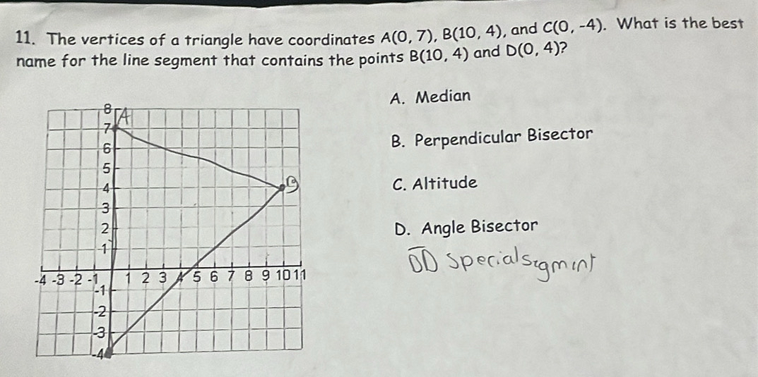 The vertices of a triangle have coordinates A(0,7), B(10,4) , and C(0,-4). What is the best
name for the line segment that contains the points B(10,4) and D(0,4) 2
A. Median
8
7
6
B. Perpendicular Bisector
5
4 C. Altitude
3
2 D. Angle Bisector
1
-4 -3 -2 1 2 3 a 5 6 7 B 9 10 11
-2
3
A