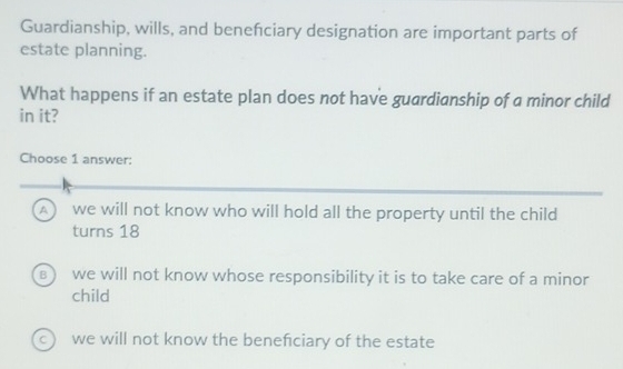 Guardianship, wills, and benefciary designation are important parts of
estate planning.
What happens if an estate plan does not have guardianship of a minor child
in it?
Choose 1 answer:
A we will not know who will hold all the property until the child
turns 18
B we will not know whose responsibility it is to take care of a minor
child
c we will not know the benefciary of the estate