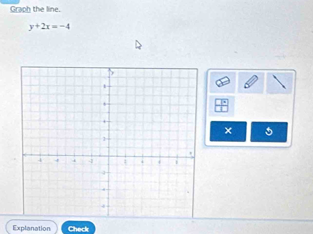 Graph the line.
y+2x=-4
× 
Explanation Check