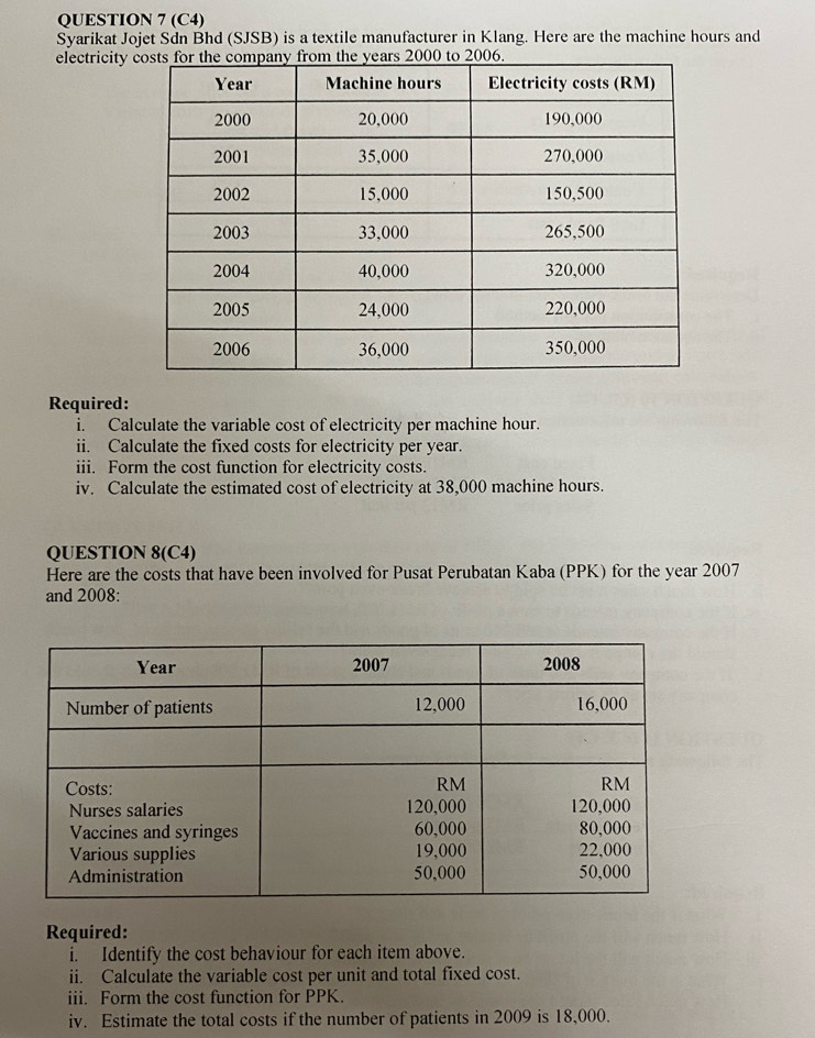 (C4) 
Syarikat Jojet Sdn Bhd (SJSB) is a textile manufacturer in Klang. Here are the machine hours and 
electricity 
Required: 
i. Calculate the variable cost of electricity per machine hour. 
ii. Calculate the fixed costs for electricity per year. 
iii. Form the cost function for electricity costs. 
iv. Calculate the estimated cost of electricity at 38,000 machine hours. 
QUESTION 8(C4) 
Here are the costs that have been involved for Pusat Perubatan Kaba (PPK) for the year 2007 
and 2008: 
Required: 
i. Identify the cost behaviour for each item above. 
ii. Calculate the variable cost per unit and total fixed cost. 
iii. Form the cost function for PPK. 
iv. Estimate the total costs if the number of patients in 2009 is 18,000.