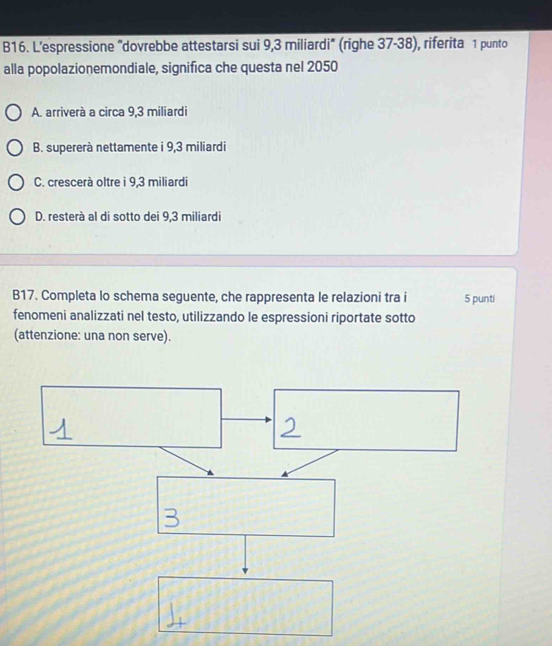 B16. L’espressione "dovrebbe attestarsi sui 9,3 miliardi" (righe 37-38), riferita 1 punto
alla popolazionemondiale, significa che questa nel 2050
A. arriverà a circa 9,3 miliardi
B. supererà nettamente i 9,3 miliardi
C. crescerà oltre i 9,3 miliardi
D. resterà al di sotto dei 9,3 miliardi
B17. Completa lo schema seguente, che rappresenta le relazioni tra i 5 punti
fenomeni analizzati nel testo, utilizzando le espressioni riportate sotto
(attenzione: una non serve).