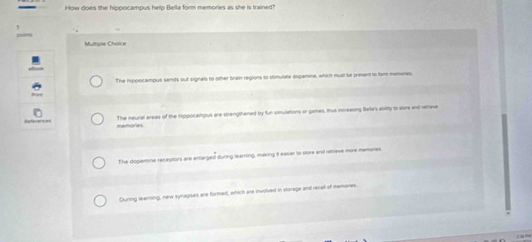 How does the hippocampus help Bella form memories as she is trained?
1
points
Multiple Choice
#Bock
The hippocampus sends out signals to other brain regions to stimulate dopamine, which must be present to form memories
References The neural areas of the hippocampus are strengthened by fun simulations or games, thus increasing Bella's ability to store and reteve
memories
The dopamine receptors are enlarged during learning, making it easier to store and retrieve more memories.
During learning, new synapses are formed, which are involved in storage and recall of memories.