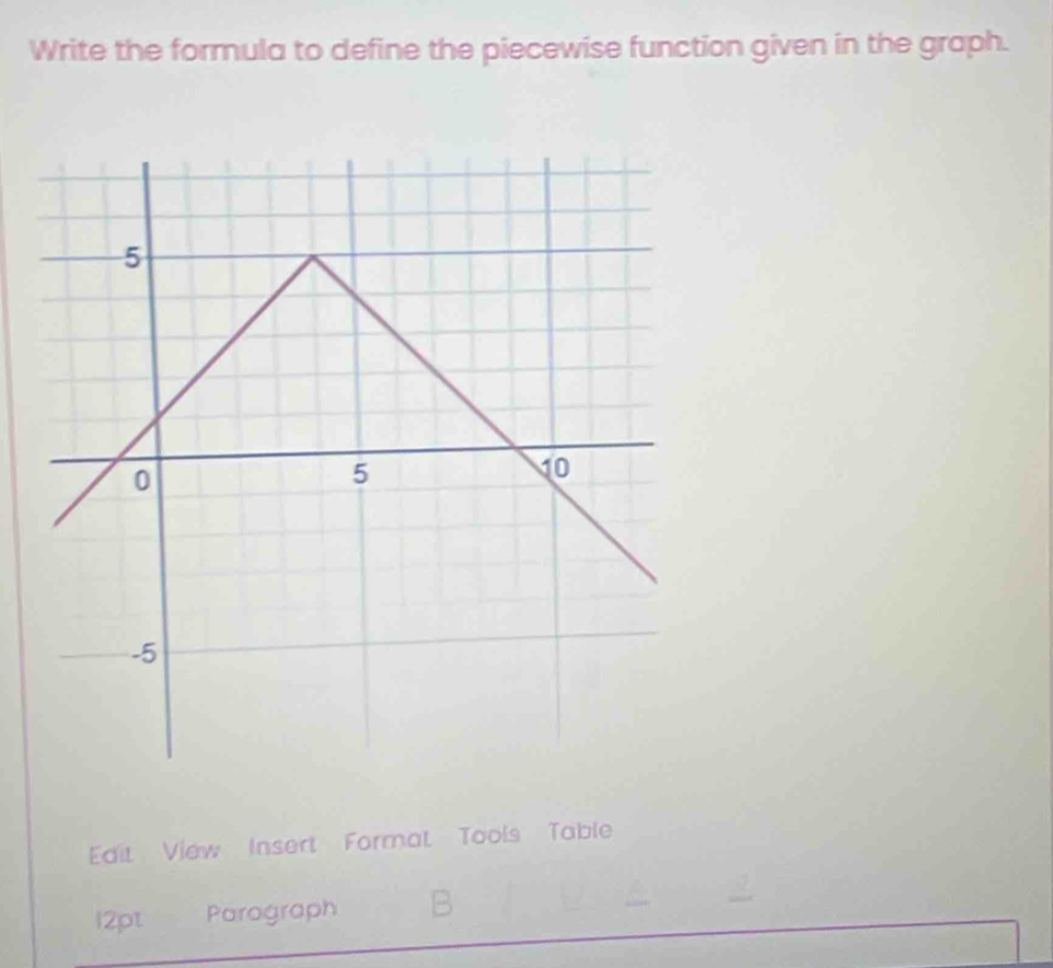 Write the formula to define the piecewise function given in the graph. 
Edit View Insert Format Tools Table 
12pt Parograph B