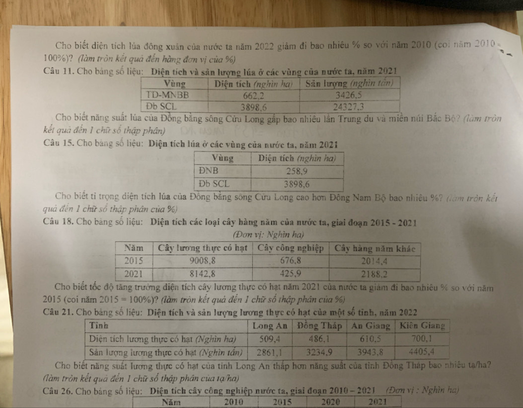 Cho biết diện tích lúa đông xuân của nước ta năm 2022 giảm đi bao nhiêu % so với năm 2010 (coi năm 2010
100%)? (làm tròn kết quả đến hàng đơn vị của %) 
Câu 11. Cho bảng số liệu: Diện tích và sản lượng lúa ở các vùng của nước ta, năm 2021 
Cho biết năng suất lúa của Đồng bằng sông Cửu Long gấp bao nhiều lần Trung du và miền núi Bắc Bộ? (làm tròn 
kết quả đến 1 chữ số thập phân) 
Câu 15. Cho bàng số liệu: Diện tích lúa ở các vùng của nước ta, năm 2021 
Cho biết tỉ trọng diện tích lúa của Đồng bằng sông Cửu Long cao hơn Đông Nam Bộ bao nhiêu %? (làm tròn kến 
quả đến 1 chữ số thập phân của %) 
Câu 18. Cho bàng số liệu: Diện tích các loại cây hàng năm của nước ta, giai đoạn 2015 - 2021 
(Đơn vị: Nghìn ha) 
Cho biết tốc độ tăng trường diện tích cây lương thực có hạt năm 2021 của nước ta giám đi bao nhiêu % so với năm 
2015 (coi năm 2015=100% ) (? (làm tròn kết quả đến 1 chữ số thập phân của %) 
Câu 21. Cho bàng số liệu: Diện tích và sản lượng lương thực có hạt của một số tỉnh, năm 2022 
Cho biết năng suất lương thực có hạt của tỉnh Long An thấp hơn năng suất của tỉnh Đồng Tháp bao nhiệu tạ/ha? 
(làm tròn kết quả đến 1 chữ số thập phân của 1ạ/ha) 
Câu 26. Cho bảng số liệu: Diện tích cây công nghiệp nước ta, giai đoạn 2010 - 2021 (Đơn vị : Nghìn ha) 
Năm 2010 2015 2020 2021