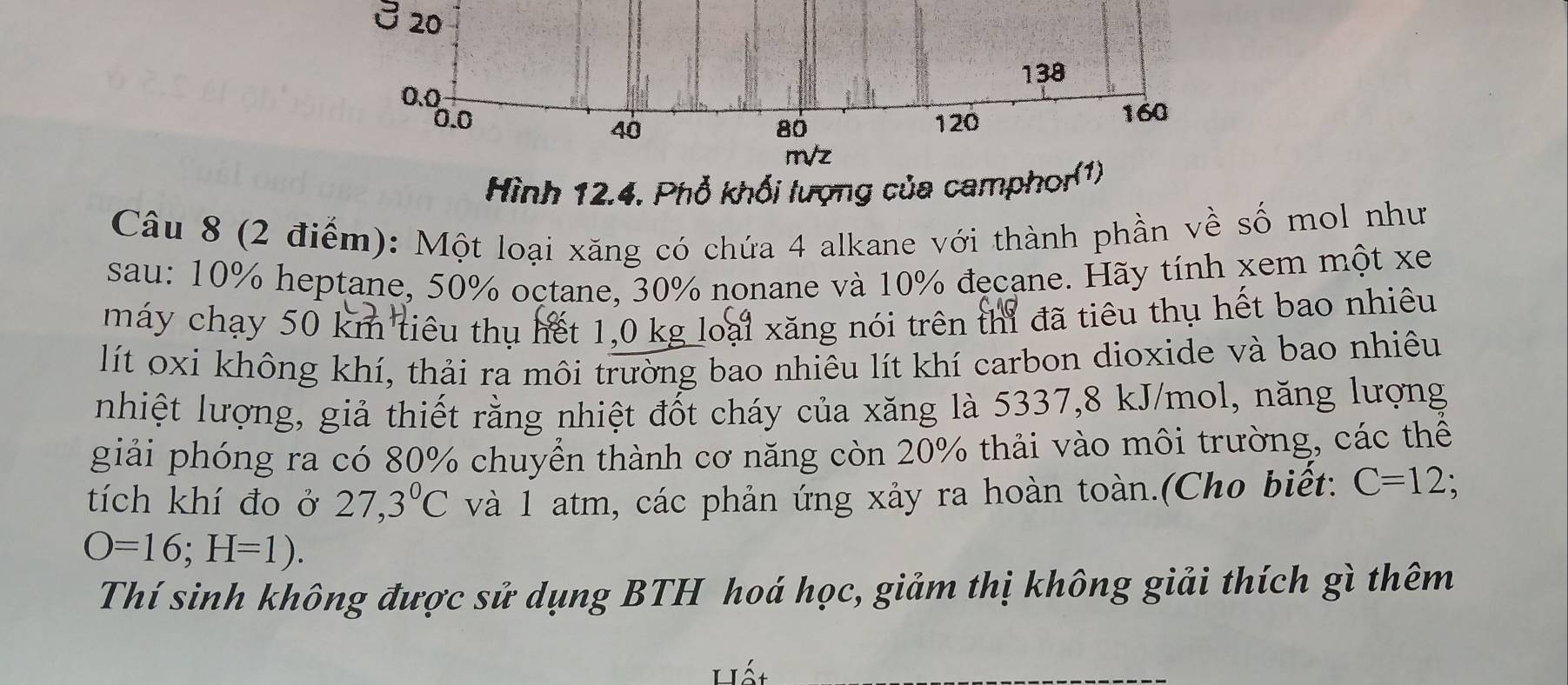 20
138
0.0
0.0 120 160
40
80
m/z
Hình 12.4. Phổ khối lượng của camphor(1) 
Câu 8 (2 điểm): Một loại xăng có chứa 4 alkane với thành phần về số mol như 
sau: 10% heptane, 50% octane, 30% nonane và 10% đẹcane. Hãy tính xem một xe 
máy chạy 50 km tiêu thụ hết 1,0 kg loại xăng nói trên thì đã tiêu thụ hết bao nhiêu 
lít oxi không khí, thải ra môi trường bao nhiêu lít khí carbon dioxide và bao nhiêu 
nhiệt lượng, giả thiết rằng nhiệt đốt cháy của xăng là 5337, 8 kJ/mol, năng lượng 
giải phóng ra có 80% chuyển thành cơ năng còn 20% thải vào môi trường, các thể 
tích khí đo ở 27, 3°C và 1 atm, các phản ứng xảy ra hoàn toàn.(Cho biết: C=12
O=16; H=1). 
Thí sinh không được sử dụng BTH hoá học, giảm thị không giải thích gì thêm 
Hết