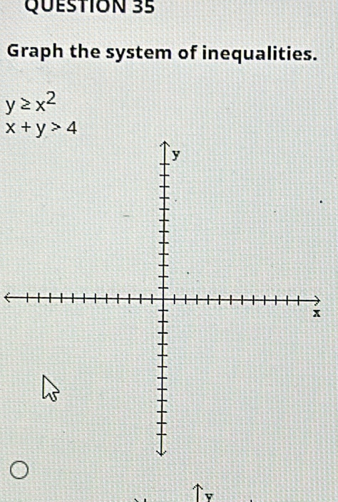 Graph the system of inequalities.
y≥ x^2
x+y>4