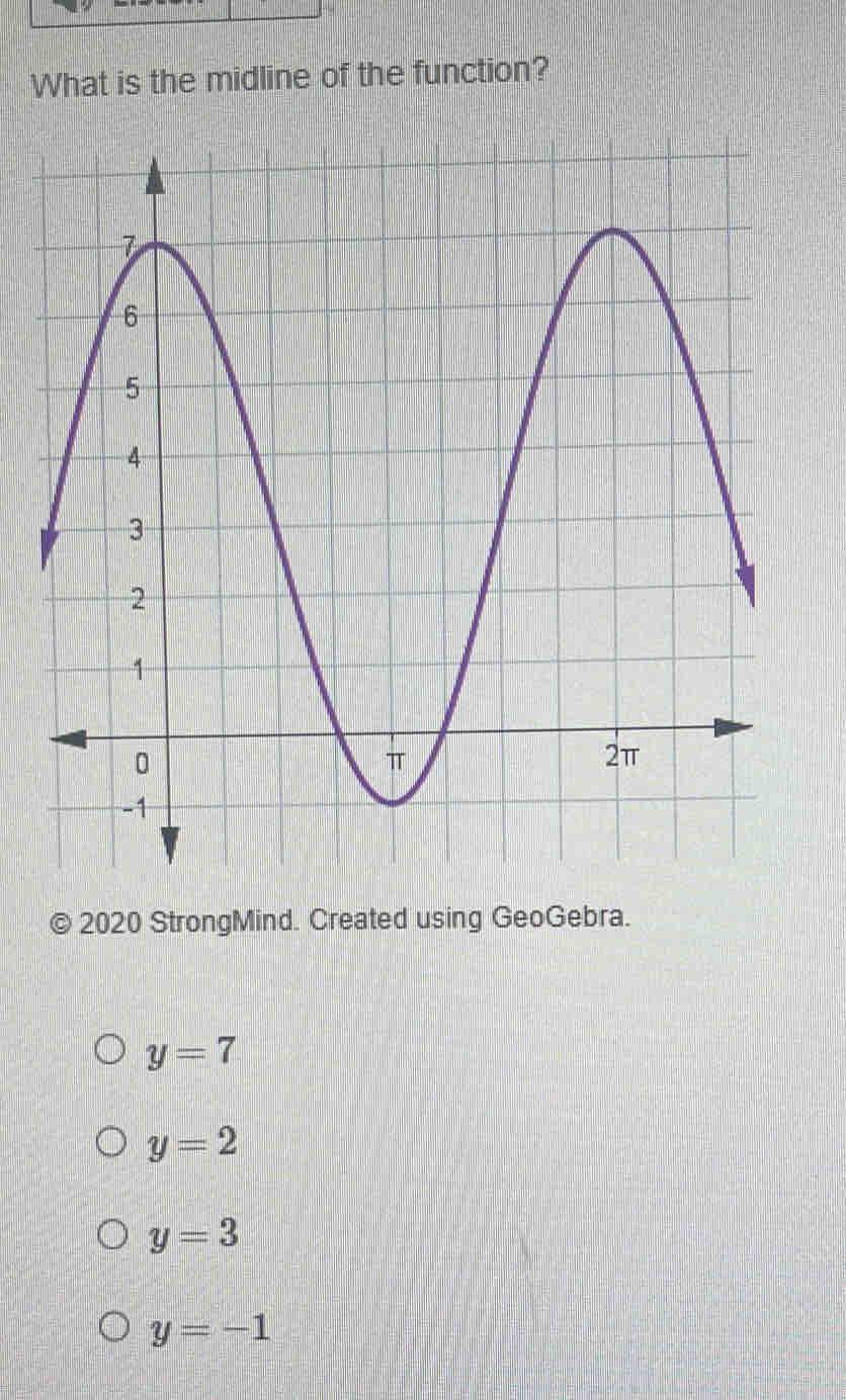 What is the midline of the function?
© 2020 StrongMind. Created using GeoGebra.
y=7
y=2
y=3
y=-1