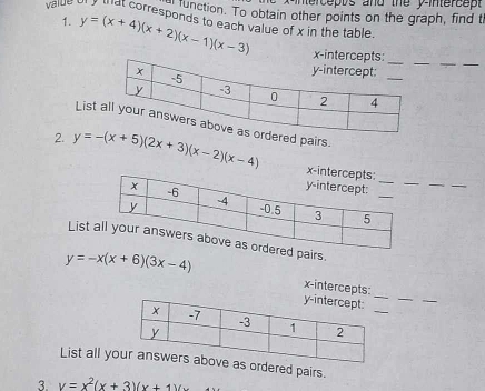 xintercepts and the y-intercept 
vaue ofy that corresponds to each value of x in the table. 1. unction. To obtain other points on the graph, find t
y=(x+4)(x+2)(x-1)(x-3) x -int 
_ 
Listed pairs. 
2. y=-(x+5)(2x+3)(x-2)(x-4)
__ 
Listpairs. 
__
y=-x(x+6)(3x-4) x-intercepts: 
List all ydered pairs. 
3. y=x^2(x+3)(x+1)(x