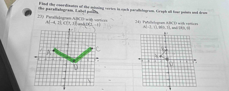 Find the coordinates of the missing vertex in each parallelogram. Graph all four points and draw 
the parallalogram. Label points. 
23) Parallelogram ABCD with vertices 24) Parallelogram ABCD with vertices
A(-4,2), C(7,3) and D(2,-1)
y
A(-2,1), B(0,3) , and D(0,0)
-4 -2
-6
Y