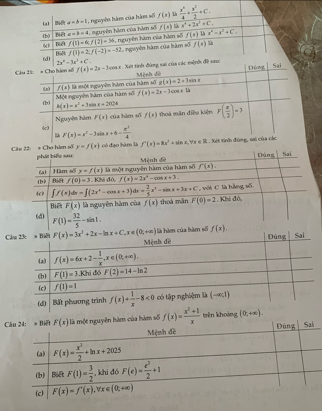 Biết a=b=1 , nguyên hàm của hàm số f(x) là  x^4/4 + x^2/2 +C.
(b) Biết a=b=4 , nguyên hàm của hàm số f(x) là x^4+2x^2+C.
(c) Biết f(1)=6;f(2)=36 , nguyên hàm của hàm số f(x) là x^4-x^2+C.
Biết f(1)=2;f(-2)=-52 , nguyên hàm của hàm số f(x) là
(d) 2x^4-3x^2+C.
ệnh đề sau:
hàm số y=f(x) có đạo hàm là 
Câ 
Clà một nguyên hàm của hàm số f(x)= (x^2+1)/x  trên khoảng (0;+∈fty ).