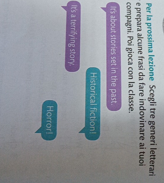 Per la prossima lezione Scegli tre generi letterari 
e prepara alcune frasi da fare indovinare ai tuoi 
compagni. Poi gioca con la classe. 
It's about stories set in the past. 
Historical fiction! 
It's a terrifying story. 
Horror!