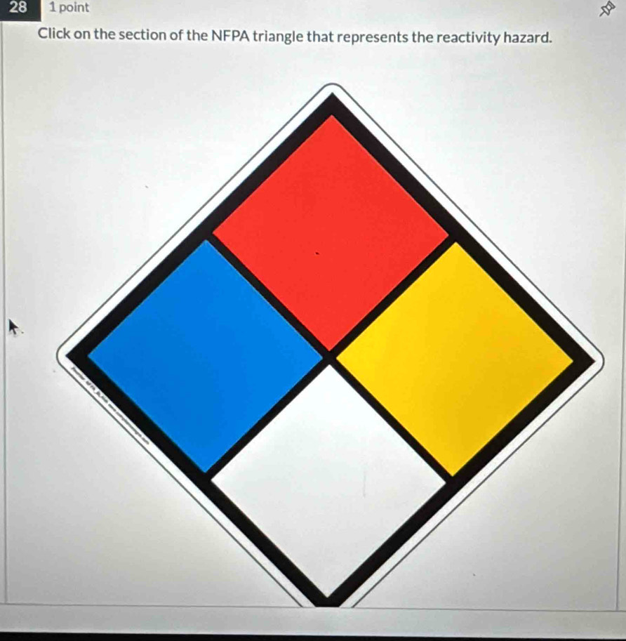 28 1 point 
Click on the section of the NFPA triangle that represents the reactivity hazard.