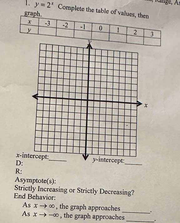 y=2^x Complete the table of values, then 
graph.
x -3 -2 -1 0 1 2 3
y
x -i 
D: 
R: 
Asymptote(s): 
Strictly Increasing or Strictly Decreasing? 
End Behavior: 
_ 
As xto ∈fty , the graph approaches 
As xto -∈fty , the graph approaches_