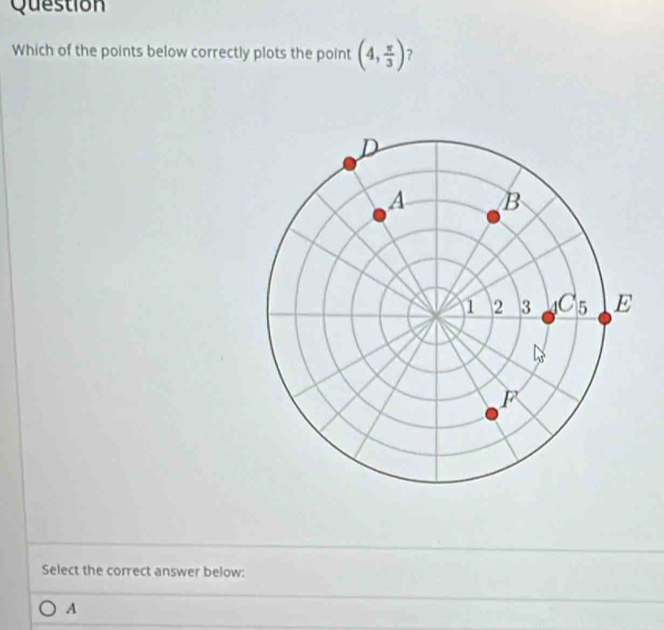 Question
Which of the points below correctly plots the point (4, π /3 ) ?
Select the correct answer below:
A