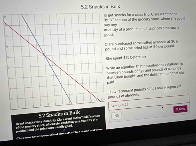 5.2 Snacks in Bulk 
9snacks for a class trip, Clare went to the 
section of the grocery store, where she could 
y 
ity of a product and the prices are usually 
purchased some saited almonds at $6 a 
d and some dried figs at $9 per pound. 
pent $75 before tax. 
an equation that describes the relationship 
een pounds of figs and pounds of almonds 
Clare bought, and the dollar amount that she 
.
x represent pounds of figs and y represent 
nds of almonds
3x+2y=25
Submit 
5.2 Snacks in Bulk 
To get snacks for a class trip, Clare went to the "bulk" section 
of the grocery store, where she could buy any quantity of a 
product and the prices are usually good. 
* 
Clare ourchased some salted almonds at $6 a nound and some