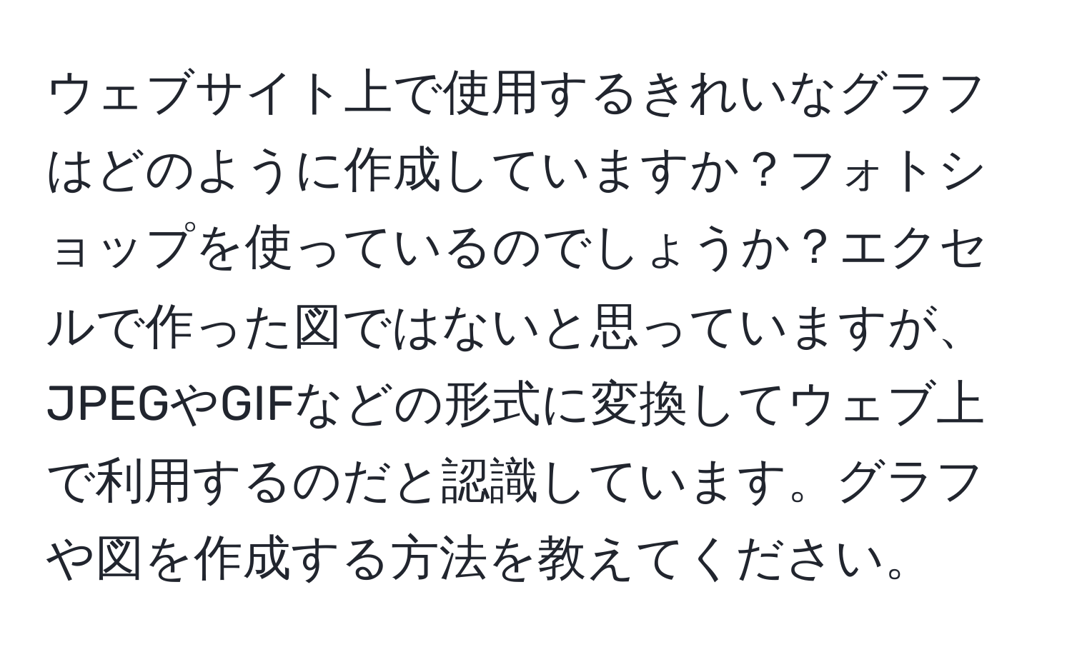 ウェブサイト上で使用するきれいなグラフはどのように作成していますか？フォトショップを使っているのでしょうか？エクセルで作った図ではないと思っていますが、JPEGやGIFなどの形式に変換してウェブ上で利用するのだと認識しています。グラフや図を作成する方法を教えてください。