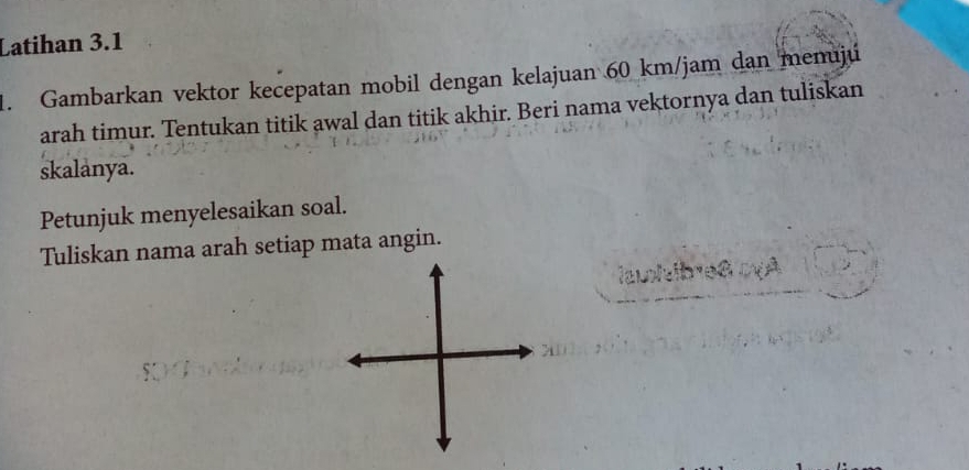 Latihan 3.1 
1. Gambarkan vektor kecepatan mobil dengan kelajuan 60 km/jam dan memuju 
arah timur. Tentukan titik awal dan titik akhir. Beri nama vektornya dan tuliskan 
skalanya. 
Petunjuk menyelesaikan soal. 
Tuliskan nama arah setiap mata angin.