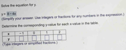 Solve the equation for y.
y=8-4x
(Simplify your answer. Use integers or fractions for any numbers in the expression.) 
Determine the corresponding y -value for each x -value in the table. 
(Type integers or simplified fractions.)