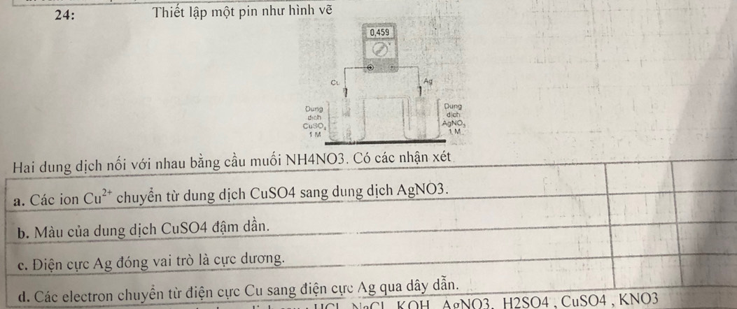 24: Thiết lập một pin như hình vẽ 
Hai dung dịch nối với nhau bằng cầu muối NH4NO3, Có các nhận xét. 
a. Các ion Cu^(2+) chuyển từ dung dịch CuSO4 sang dung dịch AgNO3. 
b. Màu của dung dịch CuSO4 đậm dần. 
c. Điện cực Ag đóng vai trò là cực dương. 
d. Các electron chuyển từ điện cực Cu sang điện cực Ag qua dây dẫn. 
Cl KOH AgNO3 、 H2SO4 , CuSO4 , KNO3