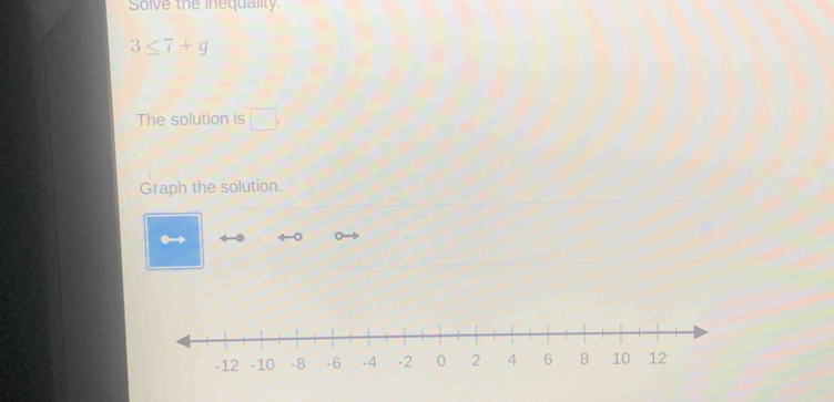 Solve the inequality.
3≤ 7+g
□ 
The solution is x_1+x_2=frac 4(2)
Graph the solution.