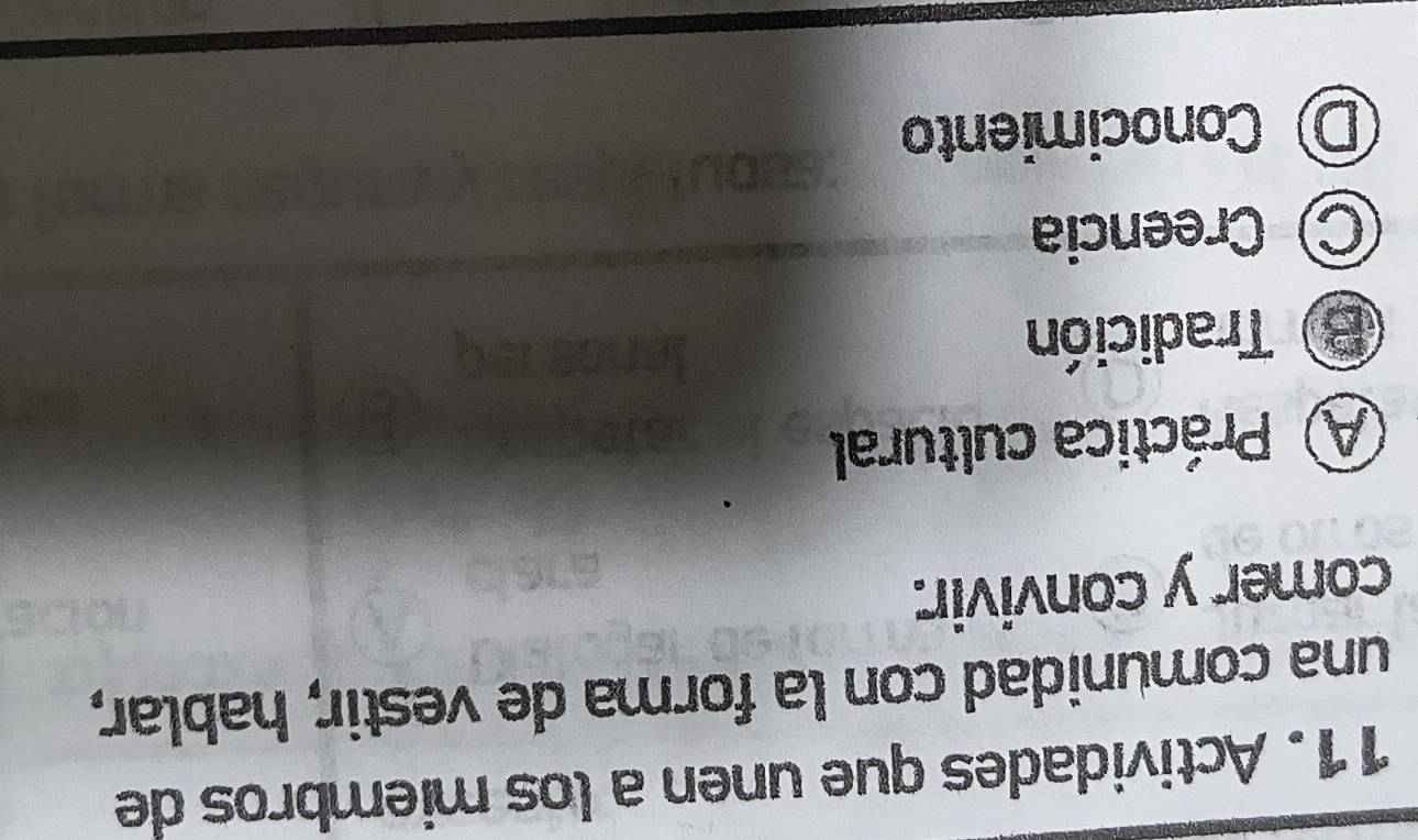 Actividades que unen a los miembros de
una comunidad con la forma de vestir, hablar,
comer y convivir:
A Práctica cultural
B) Tradición
C Creencia
D Conocimiento