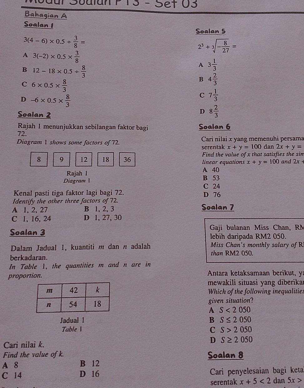 Iodul Soalan P 13 - Sef U3
Bahagian A
Soalan I
Soalan 5
3(4-6)* 0.5/  3/8 =
2^3+sqrt[3](-frac 8)27=
A 3(-2)* 0.5*  3/8 
B 12-18* 0.5/  8/3 
A 3 1/3 
C 6* 0.5*  8/3 
B 4 2/3 
D -6* 0.5*  8/3 
C 7 1/3 
Soalan 2
D 8 2/3 
Rajah I menunjukkan sebilangan faktor bagi Soalan 6
72.
Diagram 1 shows some factors of 72.
Cari nilai x yang memenuhi persama
serentak x+y=100 dan 2x+y=
Find the value of x that satisfies the sim
8 9 12 18 36 linear equations x+y=100 and 2x+
Rajah l
A 40
Diagram 1
B 53
C 24
Kenal pasti tiga faktor lagi bagi 72. D 76
Identify the other three factors of 72.
A 1, 2, 27 B 1, 2, 3 Soalan 7
C 1, 16, 24 D 1, 27, 30
Gaji bulanan Miss Chan, RM
Soalan 3
lebih daripada RM2 050.
Dalam Jadual 1, kuantiti m dan n adalah Miss Chan's monthly salary of R
than RM2 050.
berkadaran.
In Table 1, the quantities m and n are in
proportion. Antara ketaksamaan berikut, ya
mewakili situasi yang diberikar
Which of the following inequalities
given situation?
A S<2050</tex>
Jadual 1 B S≤ 2050
Table 1 C S>2050
Cari nilai k.
D S≥ 2050
Find the value of k. Soalan 8
A 8 B 12
C 14 D 16  Cari penyelesaian bagi keta
serentak x+5<2</tex> dan 5x>