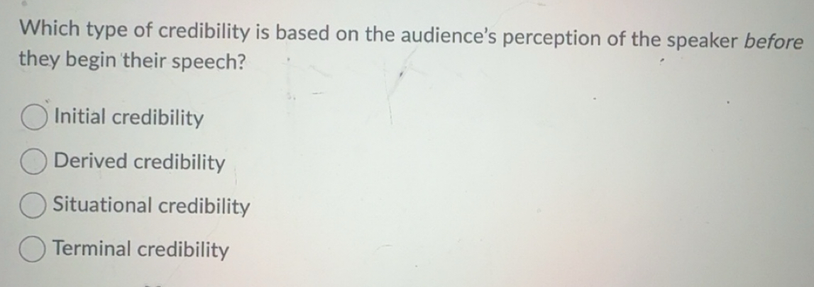 Solved: Which type of credibility is based on the audience’s perception ...