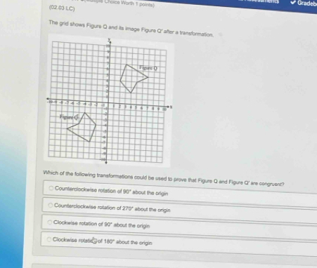 hope Choice Worth 1 points)
Gradeb
(02.03 LC)
The grid shows Figure Q and its image Figure Q' after a transformation.
Which of the following transformations could be used to prove that Figure Q and Figure Q' are congruent?
Counterclockwise rotation of 90° about the origin
Counterclockwise rotation of 270° about the origin
Clockwise rotation of 90° about the origin
Clockwise rotatic of 180° about the origin