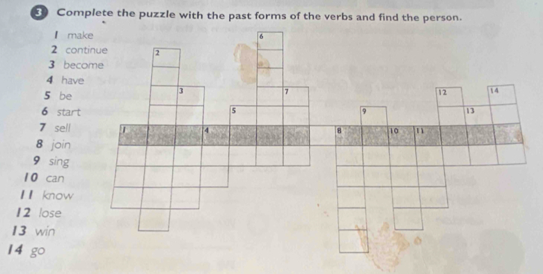 Complete the puzzle with the past forms of the verbs and find the person. 
I ma
2 con
3 bec
4 hav
5 be
6 start
7 sell
8 join
9 sing
10 can 
I know
12 lose
13 win
14 go