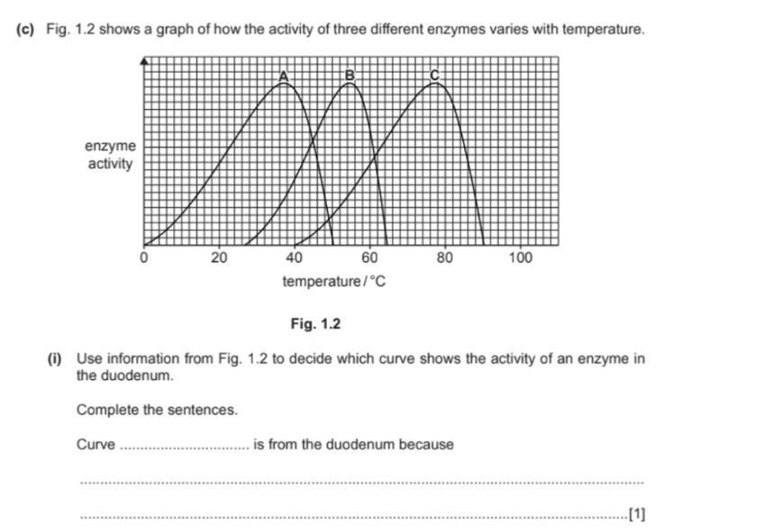 Fig. 1.2 shows a graph of how the activity of three different enzymes varies with temperature.
A B C
enzyme 
activity
0 20 40 60 80 100
temperature /^circ C
Fig. 1.2 
(i) Use information from Fig. 1.2 to decide which curve shows the activity of an enzyme in 
the duodenum. 
Complete the sentences. 
Curve _is from the duodenum because 
_ 
_[1]