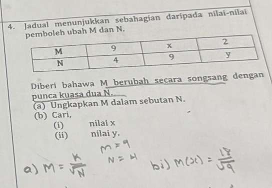 Jadual menunjukkan sebahagian daripada nilai-nilai
h ubah M dan N. 
Diberi bahawa M berubah secara songsang dengan 
punca kuasa dua N. 
(a) Ungkapkan M dalam sebutan N. 
(b) Cari, 
(i) nilai x
(ii) nilai y.