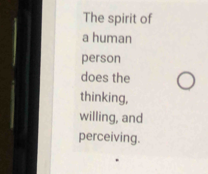 The spirit of 
a human 
person 
does the 
thinking, 
willing, and 
perceiving.