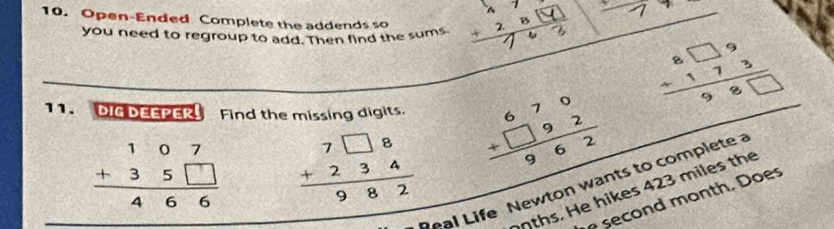 Open-Ended Complete the addends so 
C beginarrayr 8□ 9 +173 hline 98□ endarray
you need to regroup to add. Then find the sums. 
11. DIG DEEPER. Find the missing digits. beginarrayr 670 +□ 92 hline 962endarray
beginarrayr 107 +35□  hline 466endarray beginarrayr 7□ 8 +234 hline 982endarray
Peal Life Newton wants to complete a 
nths. He hikes 423 miles the 
second month. Does