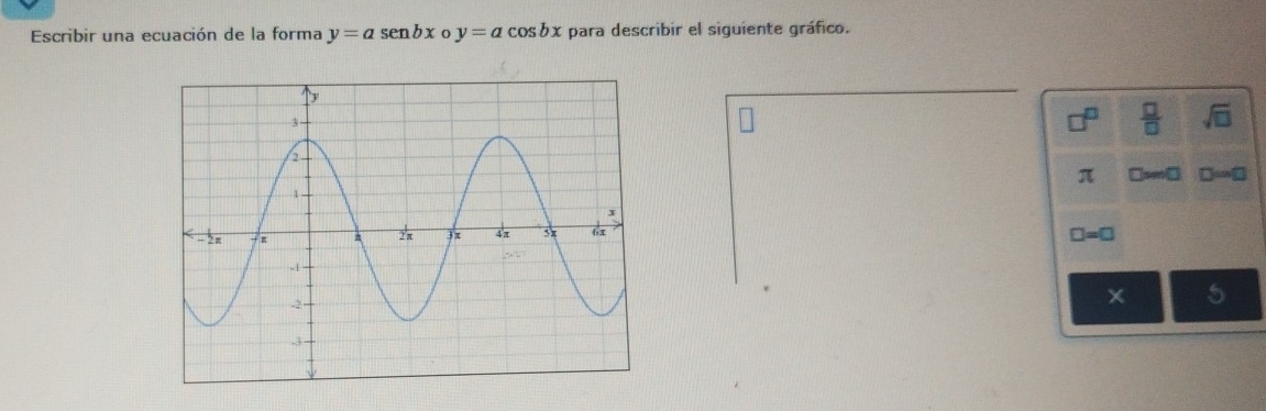 Escribir una ecuación de la forma y=asen bx o y=acos bx para describir el siguiente gráfico.
 □ /□   sqrt(□ )
π □sm□
□ =□
5