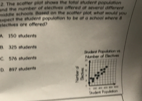 The scatter plot shows the total student population
and the number of electives offered at several different .
middle schools. Based on the scatter plot, what would you
expect the student population to be at a school where 
electives are offered?
A. 150 students
B. 325 students
Student Population vi
C. 576 students Number of Electives
D. 897 students
. 3 t "
,
“
Student Population 900 400 400