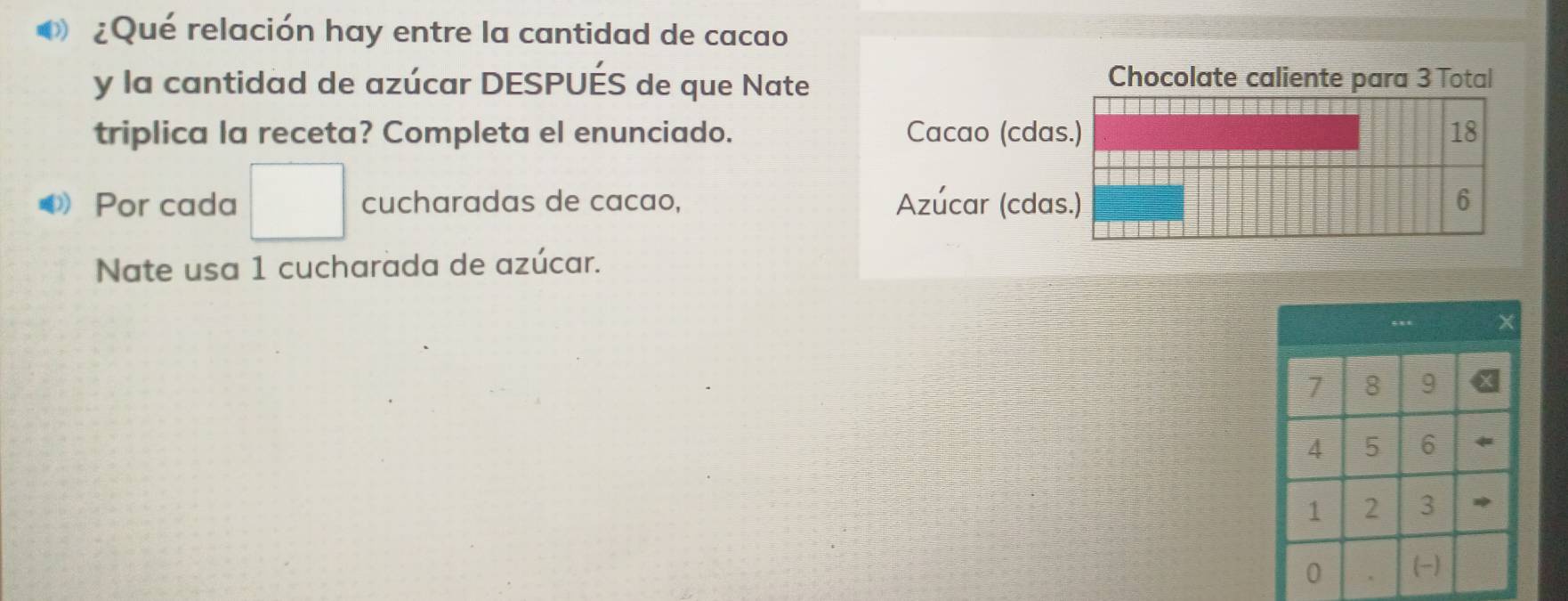 ¿Qué relación hay entre la cantidad de cacao 
y la cantidad de azúcar DESPUÉS de que Nate 
Chocolate caliente para 3 Total 
triplica la receta? Completa el enunciado. Cacao (cda 
Por cada° cucharadas de cacao, Azúcar (cdas 
Nate usa 1 cucharada de azúcar.