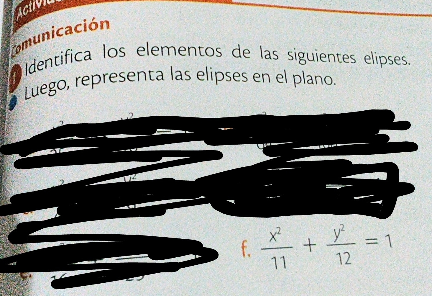 Activiu 
Comunicación 
Identifica los elementos de las siguientes elipses. 
Luego, representa las elipses en el plano. 
f.  x^2/11 + y^2/12 =1