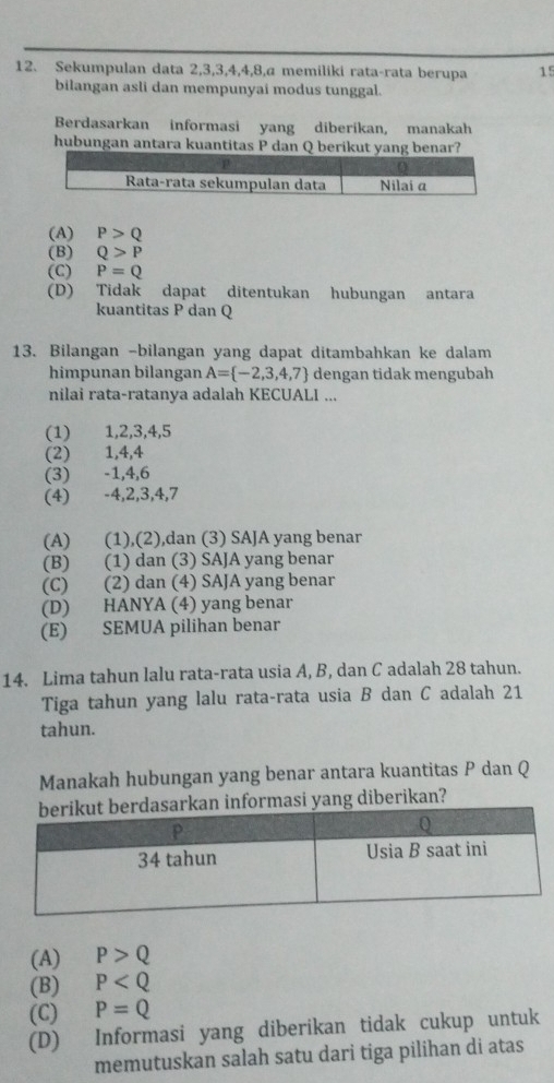 Sekumpulan data 2, 3, 3, 4, 4, 8,a memiliki rata-rata berupa 15
bilangan asli dan mempunyai modus tunggal.
Berdasarkan informasi yang diberikan, manakah
hubungan antara kuantitas P dan Q berikut yang benar?
(A) P>Q
(B) Q>P
(C) P=Q
(D) Tidak dapat ditentukan hubungan antara
kuantitas P dan Q
13. Bilangan -bilangan yang dapat ditambahkan ke dalam
himpunan bilangan A= -2,3,4,7 dengan tidak mengubah
nilai rata-ratanya adalah KECUALI ...
(1) 1, 2, 3, 4, 5
(2) 1, 4, 4
(3) -1, 4, 6
(4) -4, 2, 3, 4, 7
(A) (1),(2),dan (3) SAJA yang benar
(B) (1) dan (3) SAJA yang benar
(C) (2) dan (4) SAJA yang benar
(D) HANYA (4) yang benar
(E) SEMUA pilihan benar
14. Lima tahun lalu rata-rata usia A, B, dan C adalah 28 tahun.
Tiga tahun yang lalu rata-rata usia B dan C adalah 21
tahun.
Manakah hubungan yang benar antara kuantitas P dan Q
si yang diberikan?
(A) P>Q
(B) P
(C) P=Q
(D) Informasi yang diberikan tidak cukup untuk
memutuskan salah satu dari tiga pilihan di atas