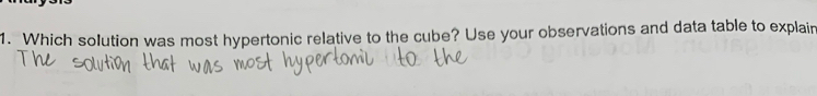 Which solution was most hypertonic relative to the cube? Use your observations and data table to explain