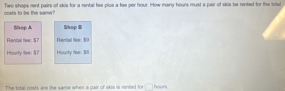 Two shops rent pairs of skis for a rental fee plus a fee per hour. How many hours must a pair of skis be rented for the total 
costs to be the same? 
Shop A Shop B 
Rental fee: $7 Rental fee: $9
Hourly fee: $7 Hourly fee: $6
The total costs are the same when a pair of skis is rented for □ hours.