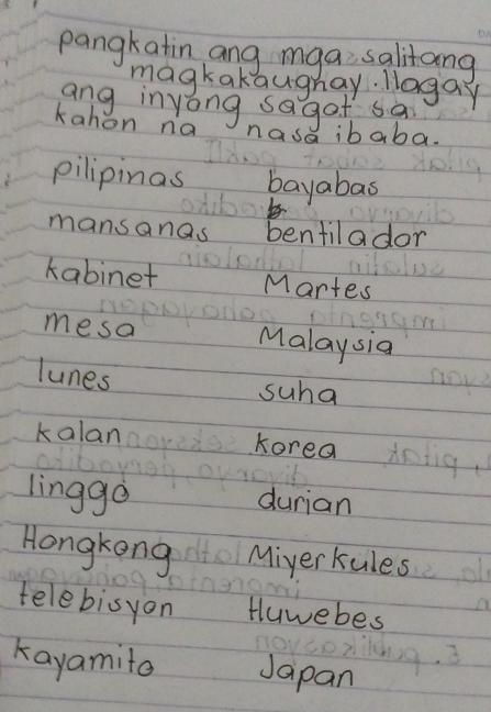 pangkatin ang mga salitang 
magkakaugray llagay 
ang inyong sagot sa 
kahon na nasa ibaba. 
pilipinas bayabas 
mansanas bentilador 
kabinet Martes 
mesa Malaysia 
lunes suha 
kalan 
Korea 
linggo durian 
Hongkong Miyerkules 
telebisyon Huwebes 
kayamite Japan